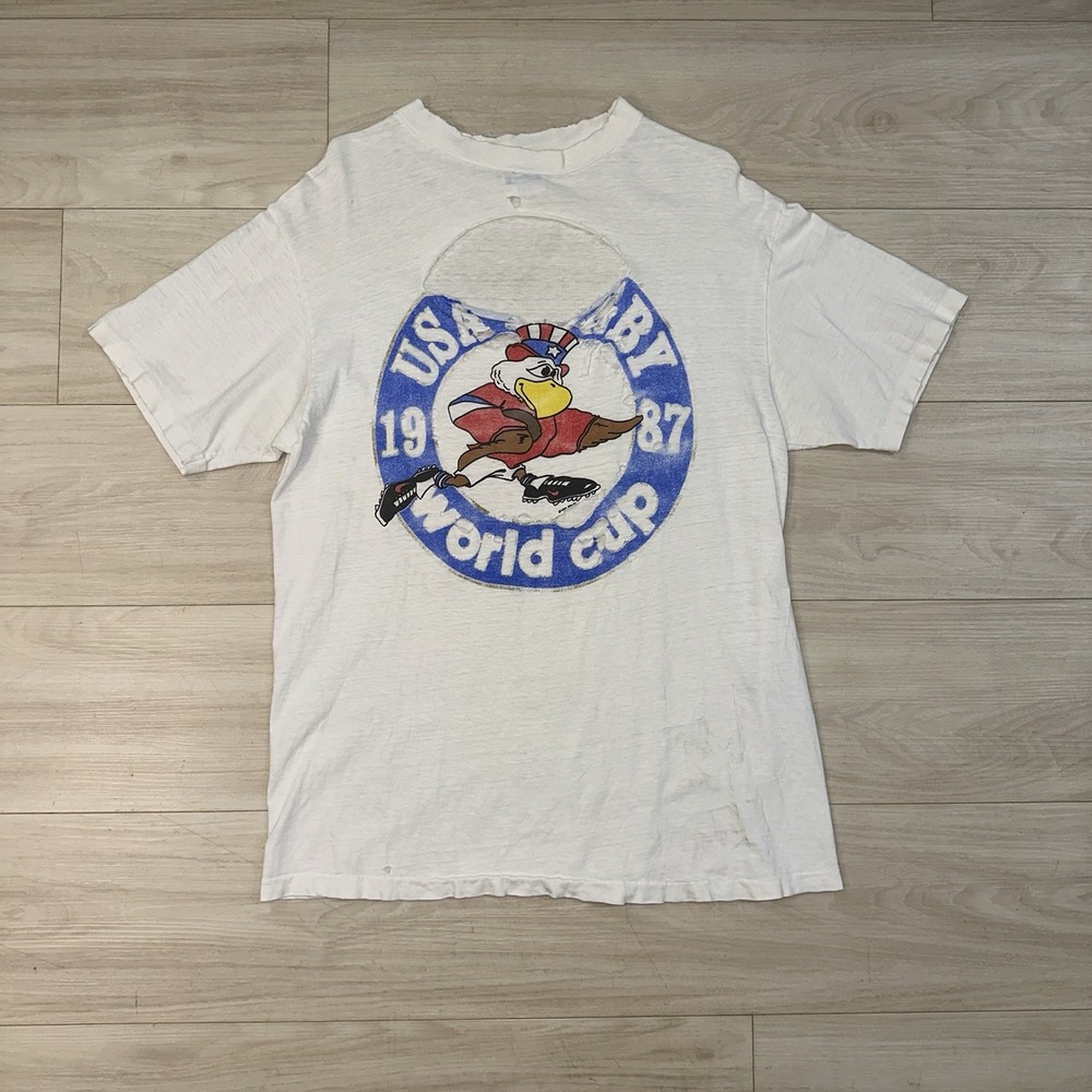 Vintage Rugby World Cup Mens Large 80s Distressed Grunge Burnout Thin USA 1987